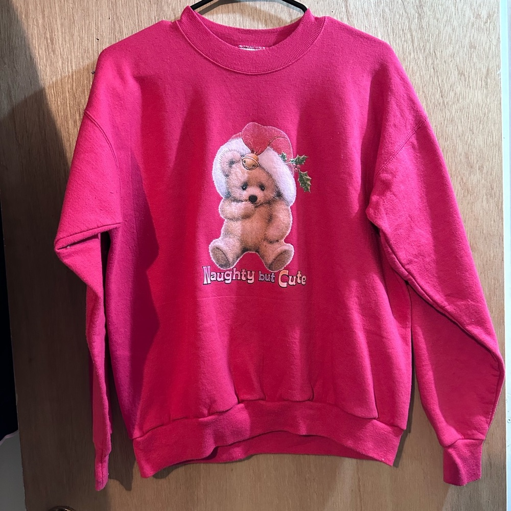 Naughty But Cute Christmas Teddy Bear Holiday Crewneck Sweater Size Medium Red